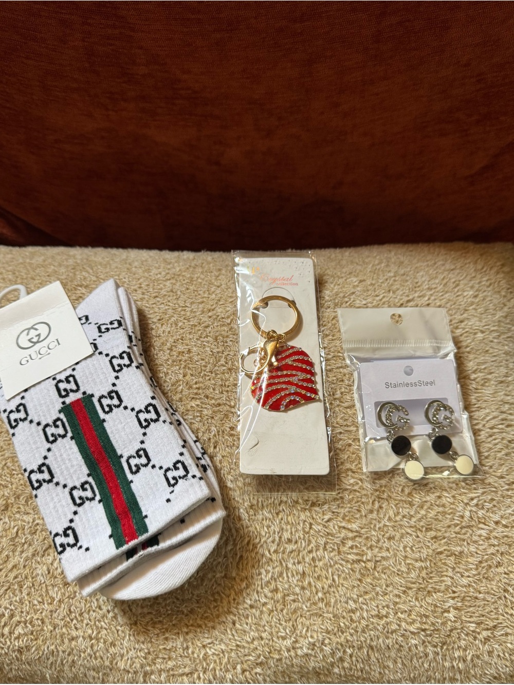 Designer-Inspired Fashion Accessory Bundle – Socks, Heart Charm & Earrings